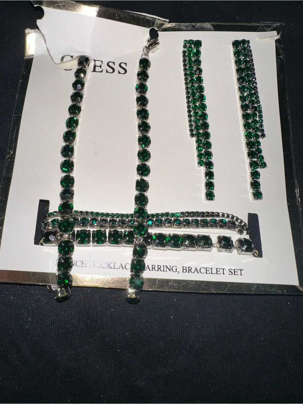 GUESS Green Crystal Bracelet, Necklace & Drop Earrings Set